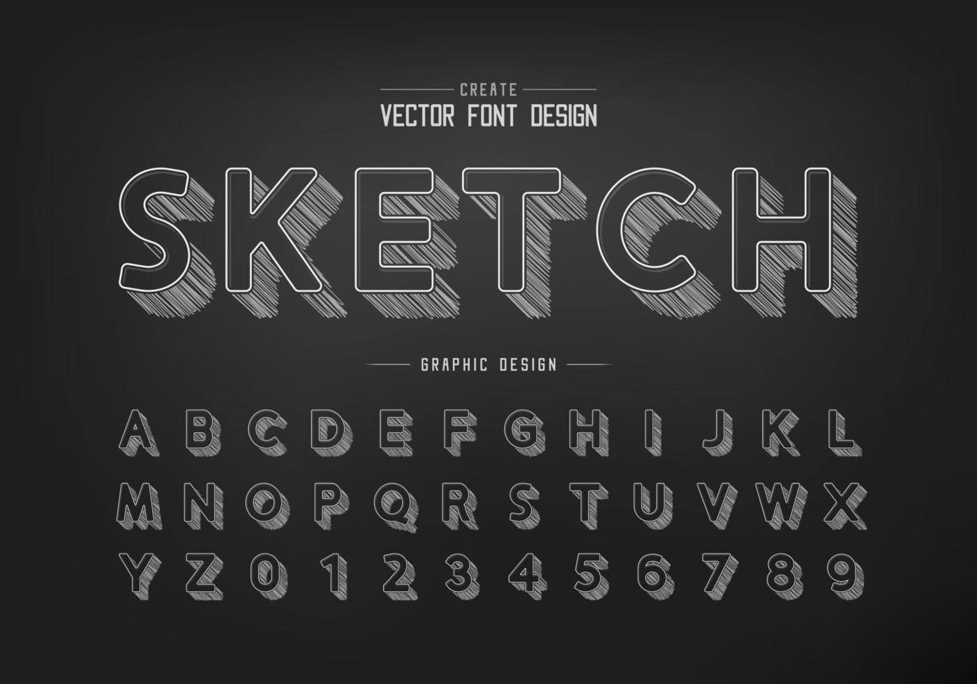 Pencil sketch shadow font and round alphabet vector, Chalk design typeface and number vector