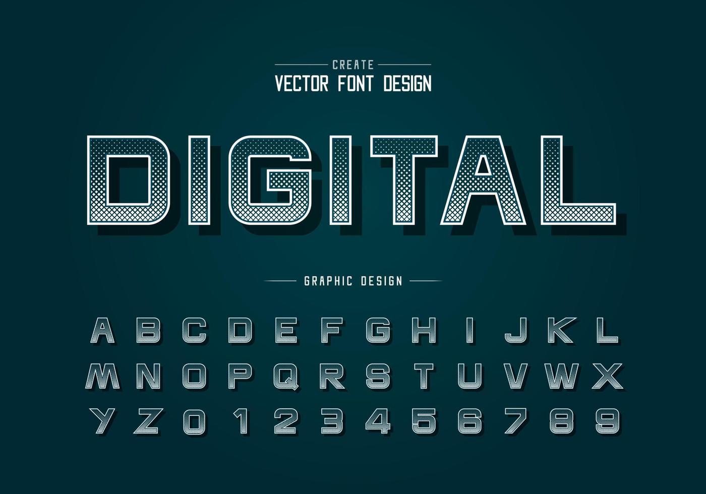 fuente cuadrada de medio tono y vector alfabético, letra y número de diseño digital