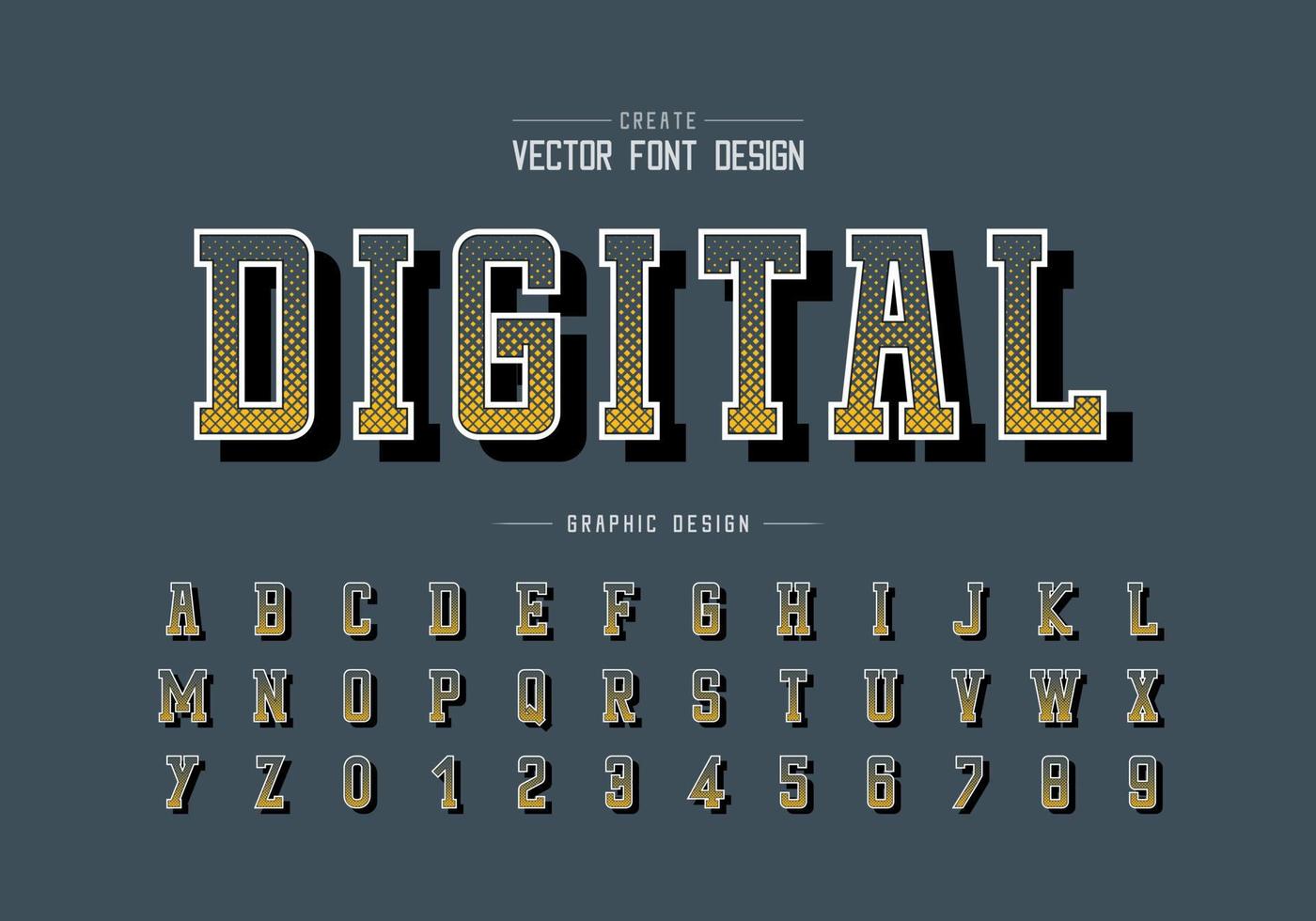 Halftone font and alphabet vector, Digital typeface and number design, Graphic text on background vector