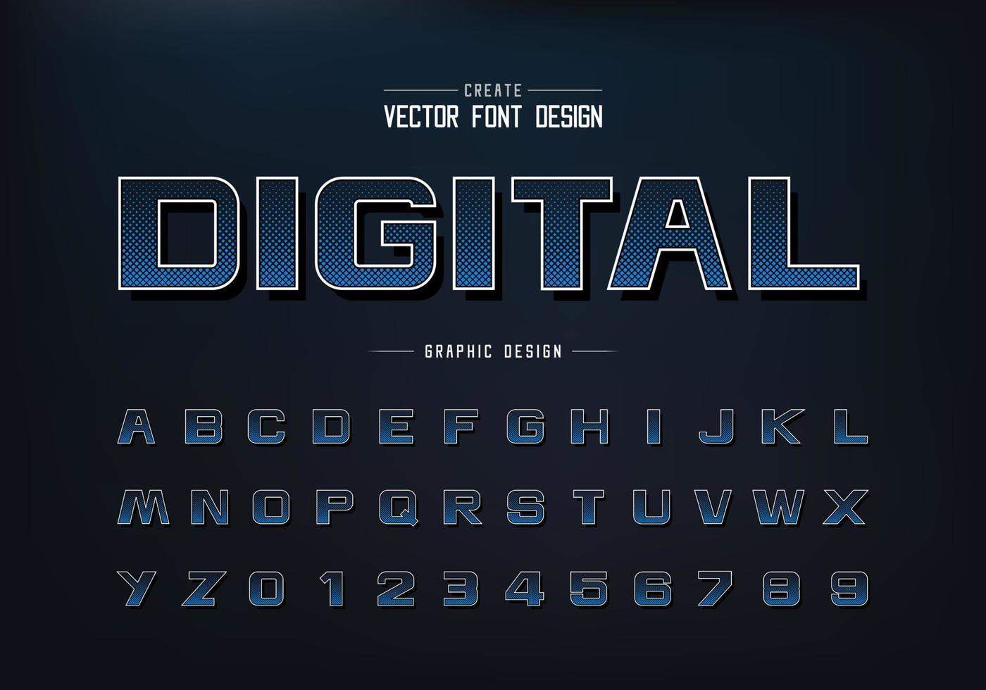 fuente cuadrada de semitono y vector de alfabeto en negrita, letra y número de tipografía de diseño digital