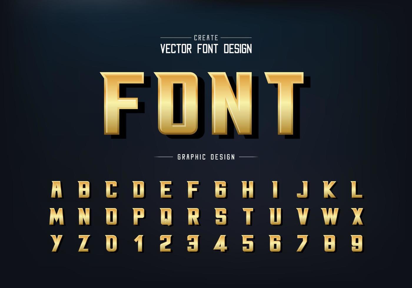 fuente de oro y sombra, vector alfabético, tipo de letra moderno en negrita dorada y diseño de número de letra