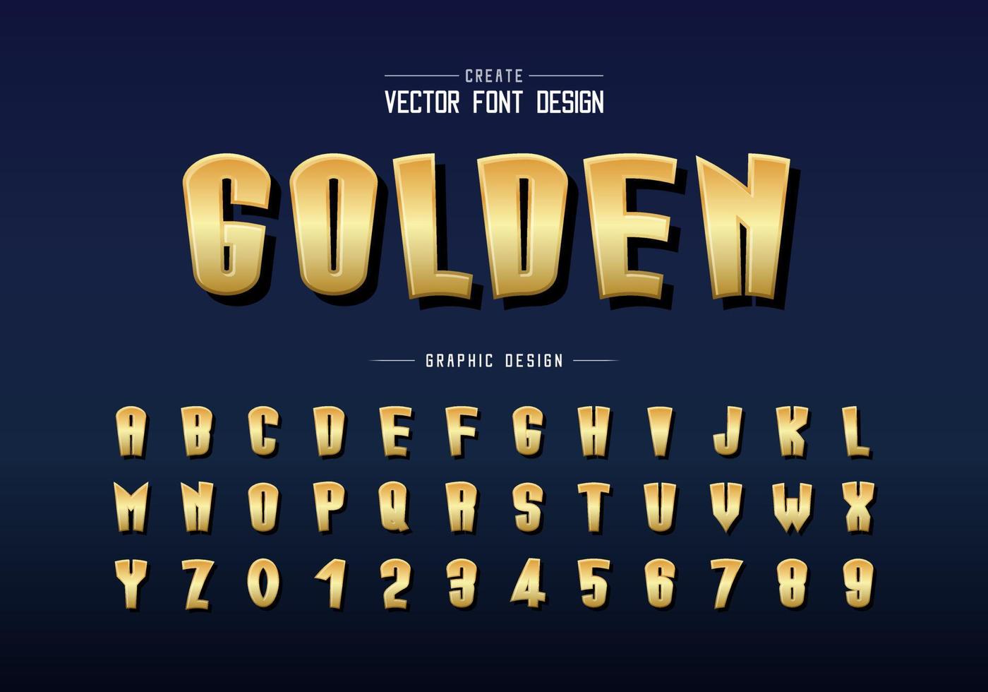 fuente de oro y vector de alfabeto de dibujos animados, letra de tipo alto dorado y diseño de números