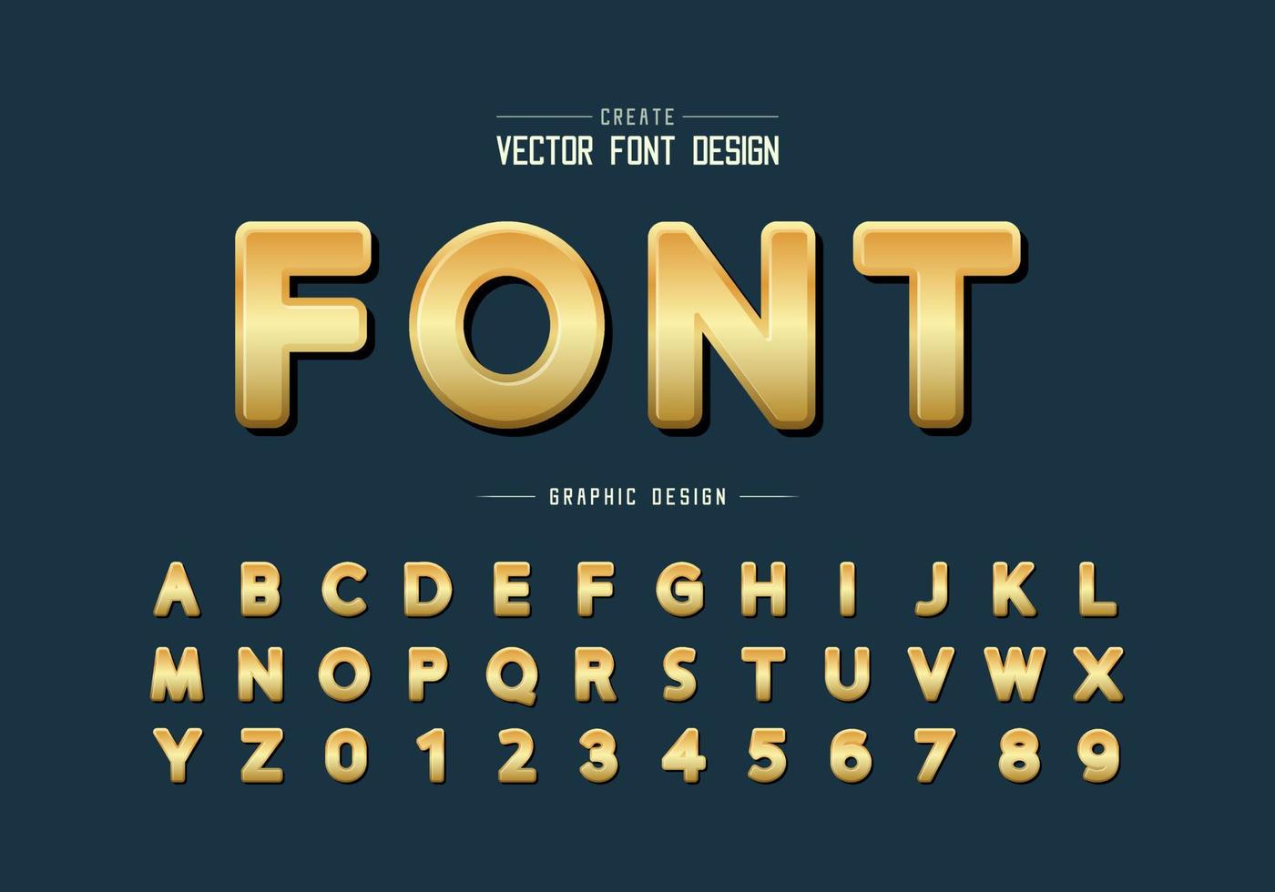 fuente dorada y vector alfabético redondo, tipo de letra y número de diseño dorado