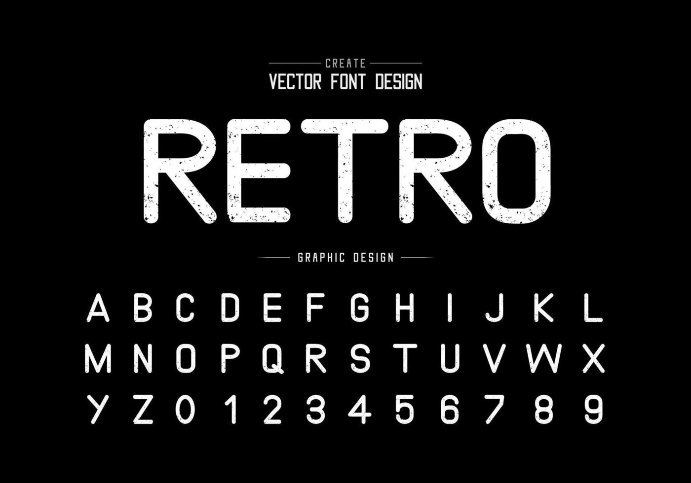 fuente retro de textura y vector alfabético, letra tipográfica áspera y diseño numérico