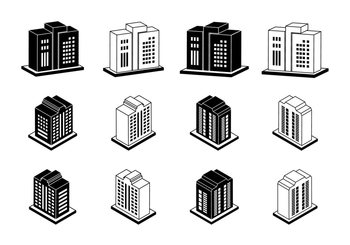 conjunto de iconos de construcción, vector de empresa, hotel de silueta e ilustración de condominio sobre fondo blanco