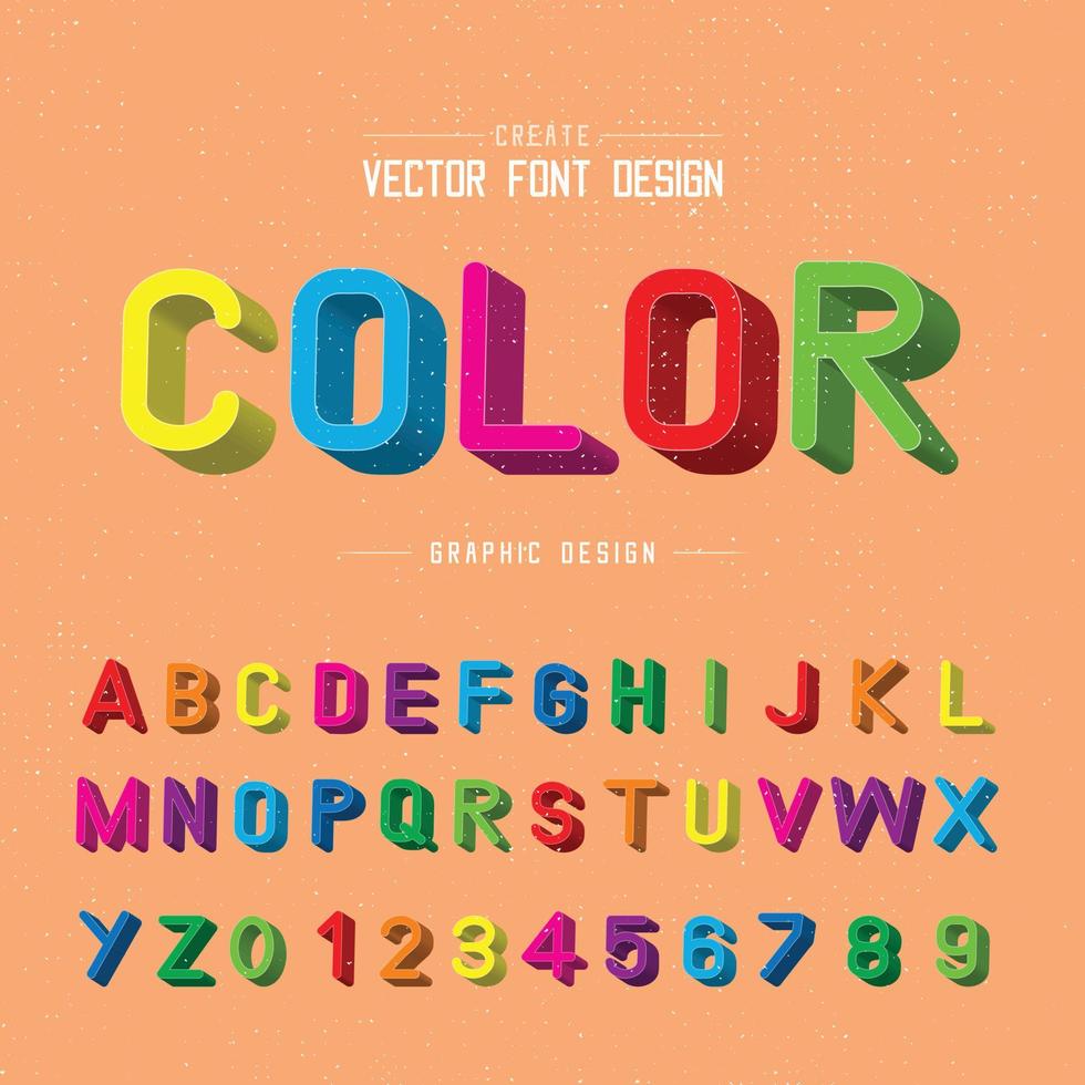 Color de fuente 3d y vector alfabético, diseño de letra tipográfica de escritura, texto gráfico de guión en el fondo