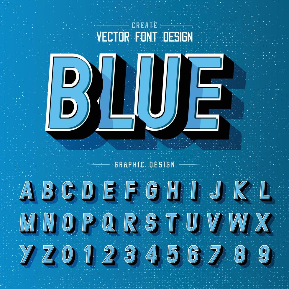 fuente y vector alfabético, diseño de letras en negrita y texto gráfico sombreado sobre fondo azul