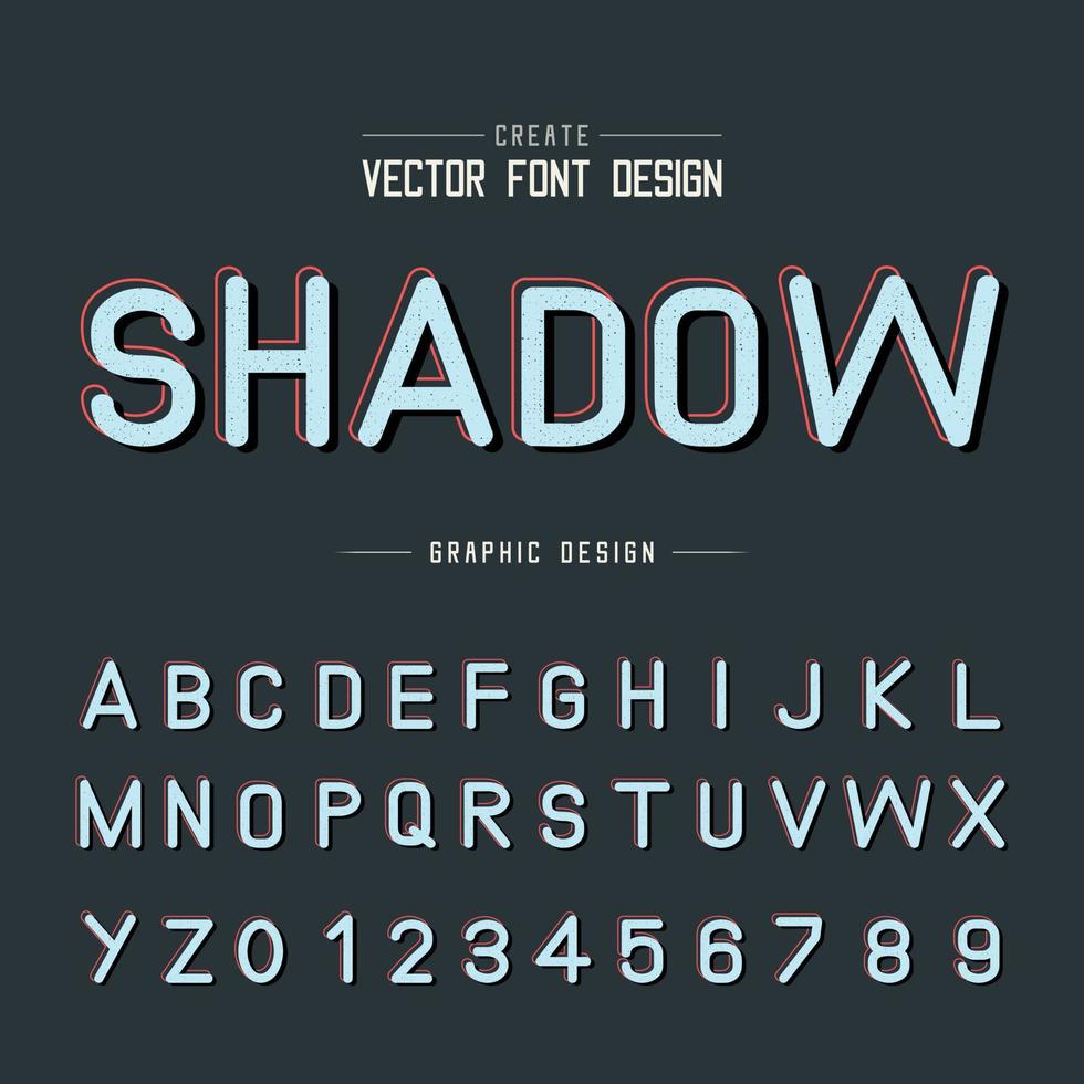 fuente de textura y vector de alfabeto grunge, diseño de letras y números de tipo sombra, texto gráfico en el fondo