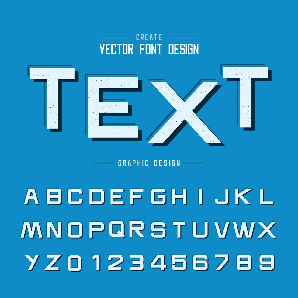 fuente de textura y vector de alfabeto grunge, tipo de letra y diseño de número, texto gráfico sobre fondo azul