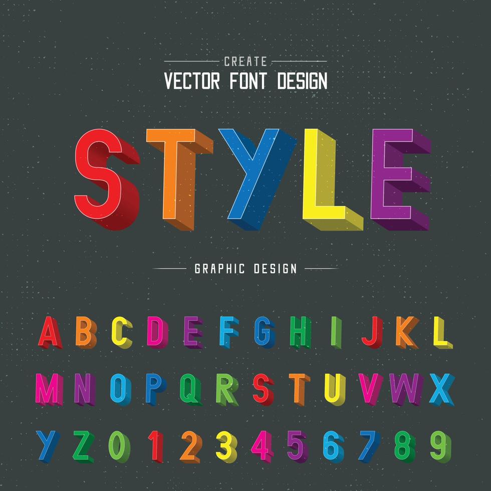 Color de fuente 3d y vector alfabético, diseño de letra tipográfica de estilo de escritura, texto gráfico de guión en el fondo