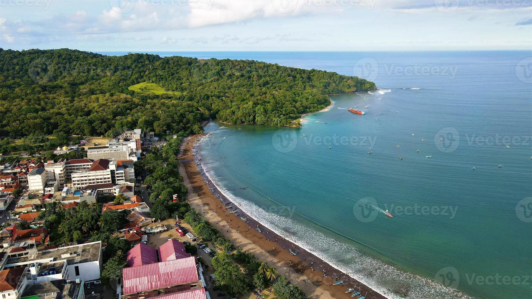 Ciamis, West Java-Indonesia, 12 May 2022 - Beautiful panoramic aerial view of Pangandaran beach. photo