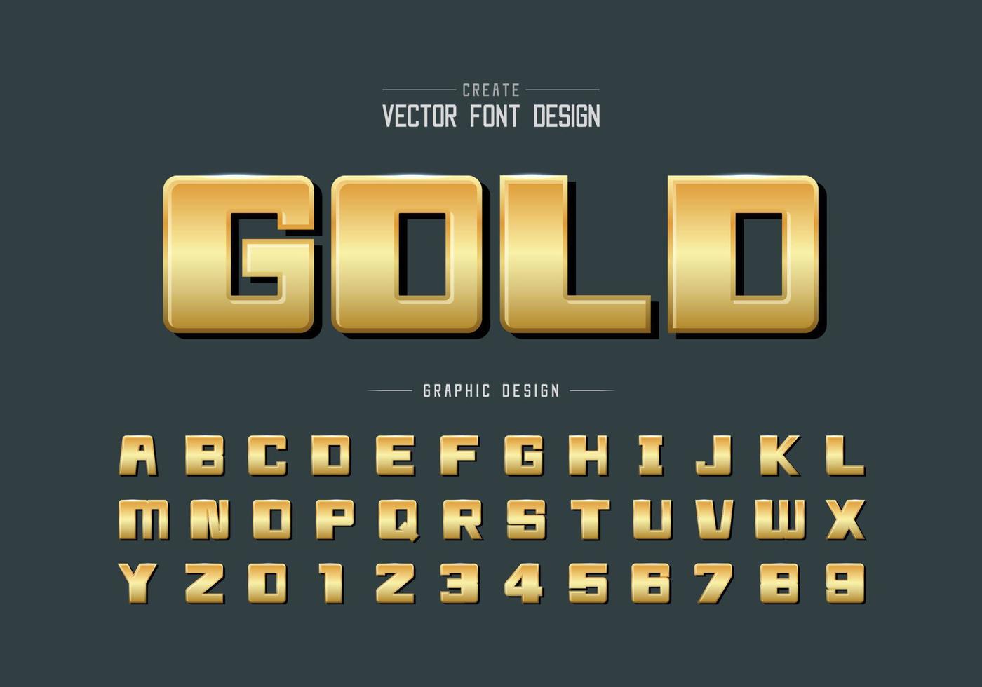 Gold font and bold alphabet vector, Golden square typeface letter and number design vector