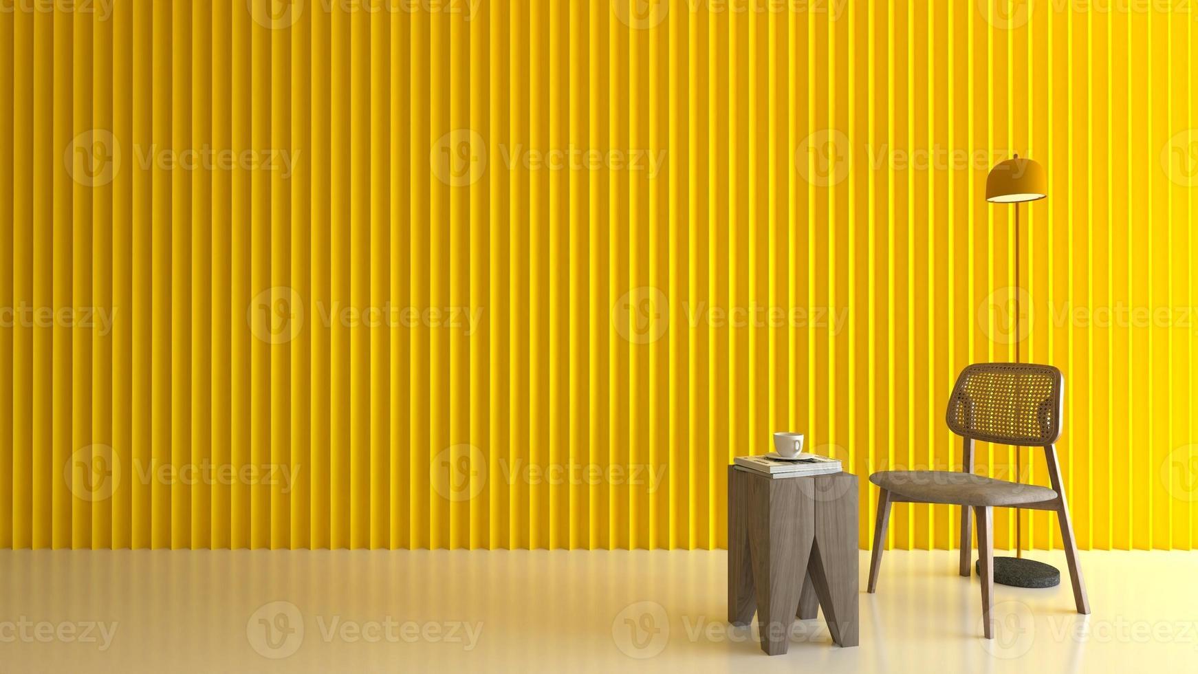 papel tapiz amarillo y una silla, una mesa, un soporte en el piso. representación 3d foto