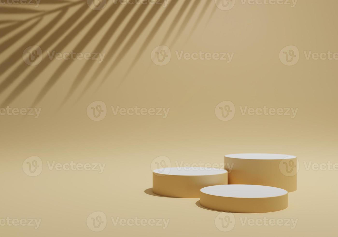 Abstract 3D realistic pastel cylinder pedestal podium set and palm leaf shadow overlay. Stage for showcase. Minimal scene for product display presentation. 3d rendering illustration. photo
