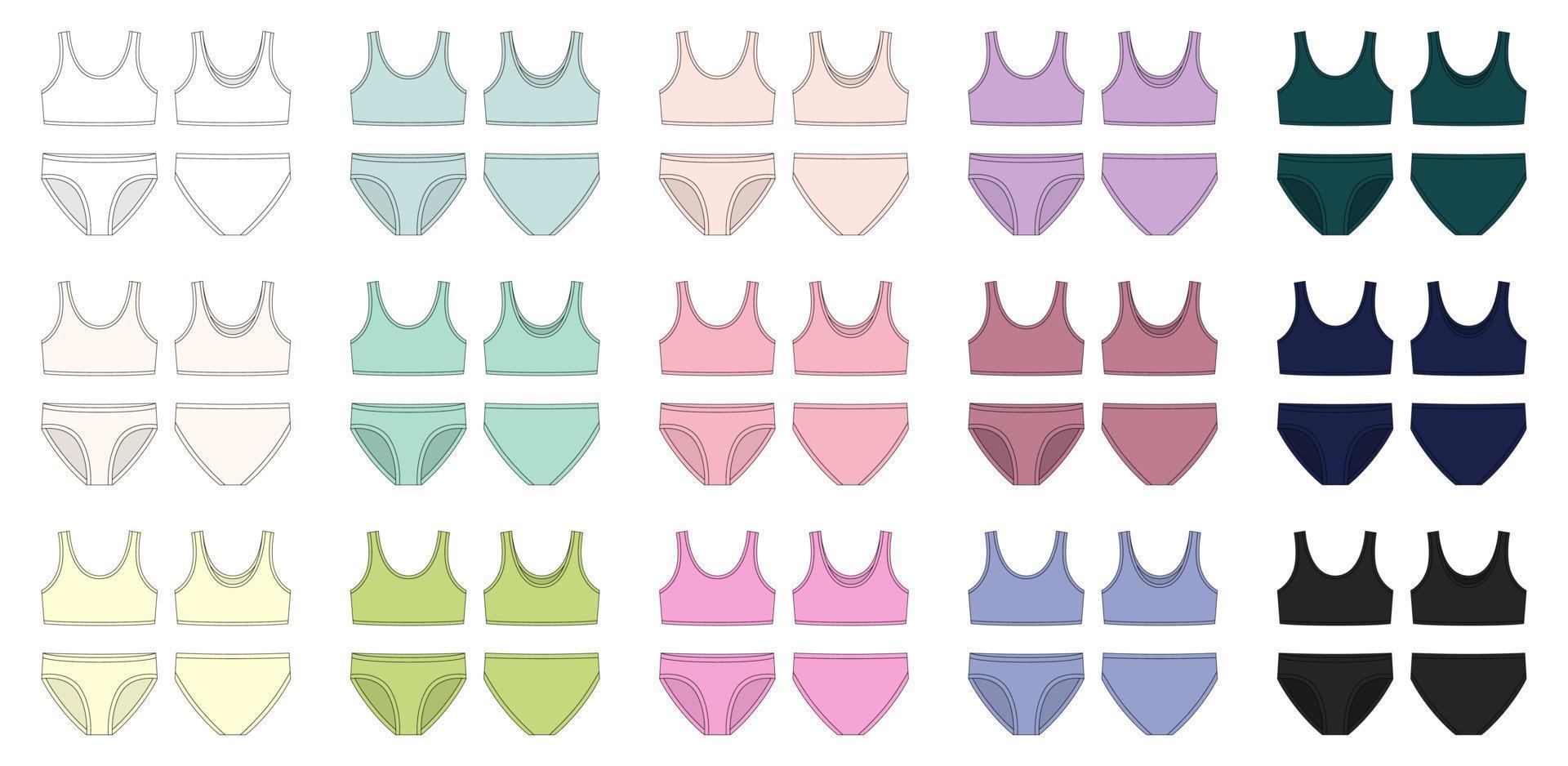 Set of bra and knickers technical sketch. Two-piece swimsuit collection. Women's underwear design templat. vector