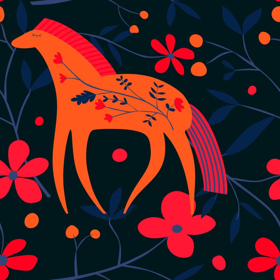 Horse and flowers seamless pattern in folk style. vector