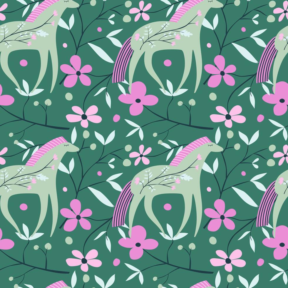 lindo caballo patrón sin costuras en estilo escandinavo. ilustración de dibujos animados dibujados a mano con flores silvestres y animales estilizados vector