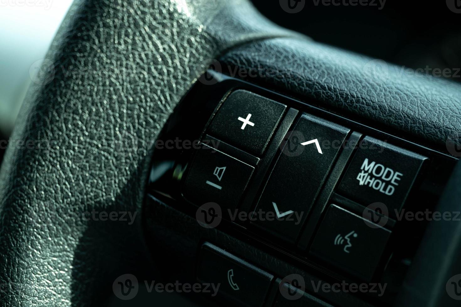 The in-vehicle operation buttons, car audio controls, volume up, down, next track, previous , Holding, speaker button, are conveniently installed in a modern design. photo