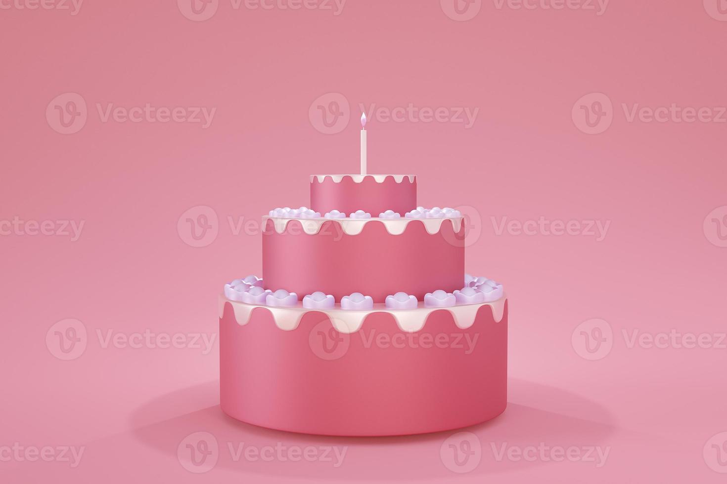 Cute birthday cake 3d rendering pink color 3 floors with a candle, Sweet cake for a surprise birthday, mother's, Day, Valentine's on a pink background photo