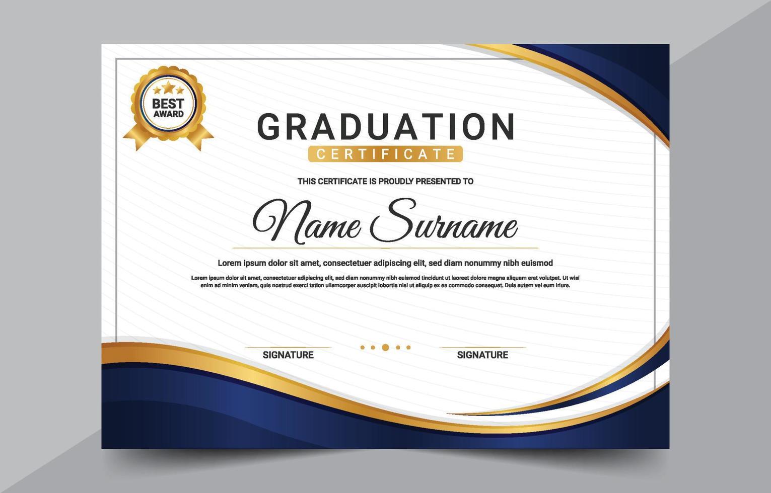 elegante plantilla de certificado de graduación azul y dorado vector