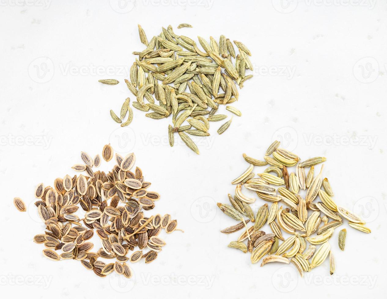 pinches of anise, dill and fennel seeds on gray photo