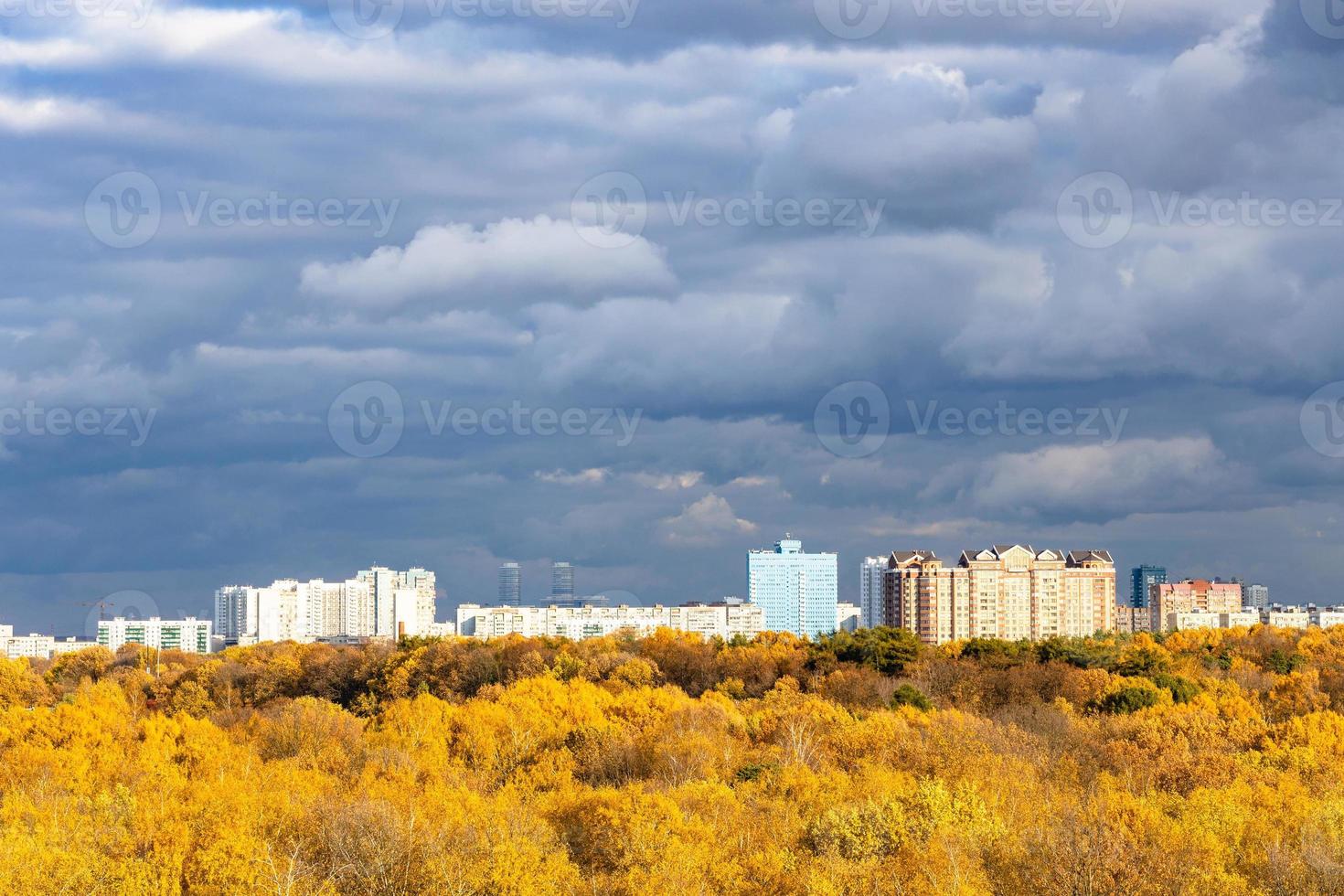 casas urbanas modernas iluminadas por el sol y el parque de la ciudad amarilla foto