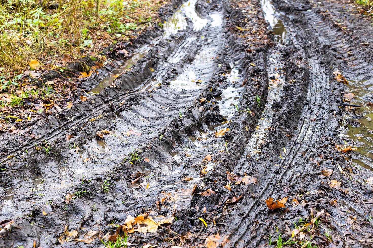 dirty country road with rain puddles on autumn photo