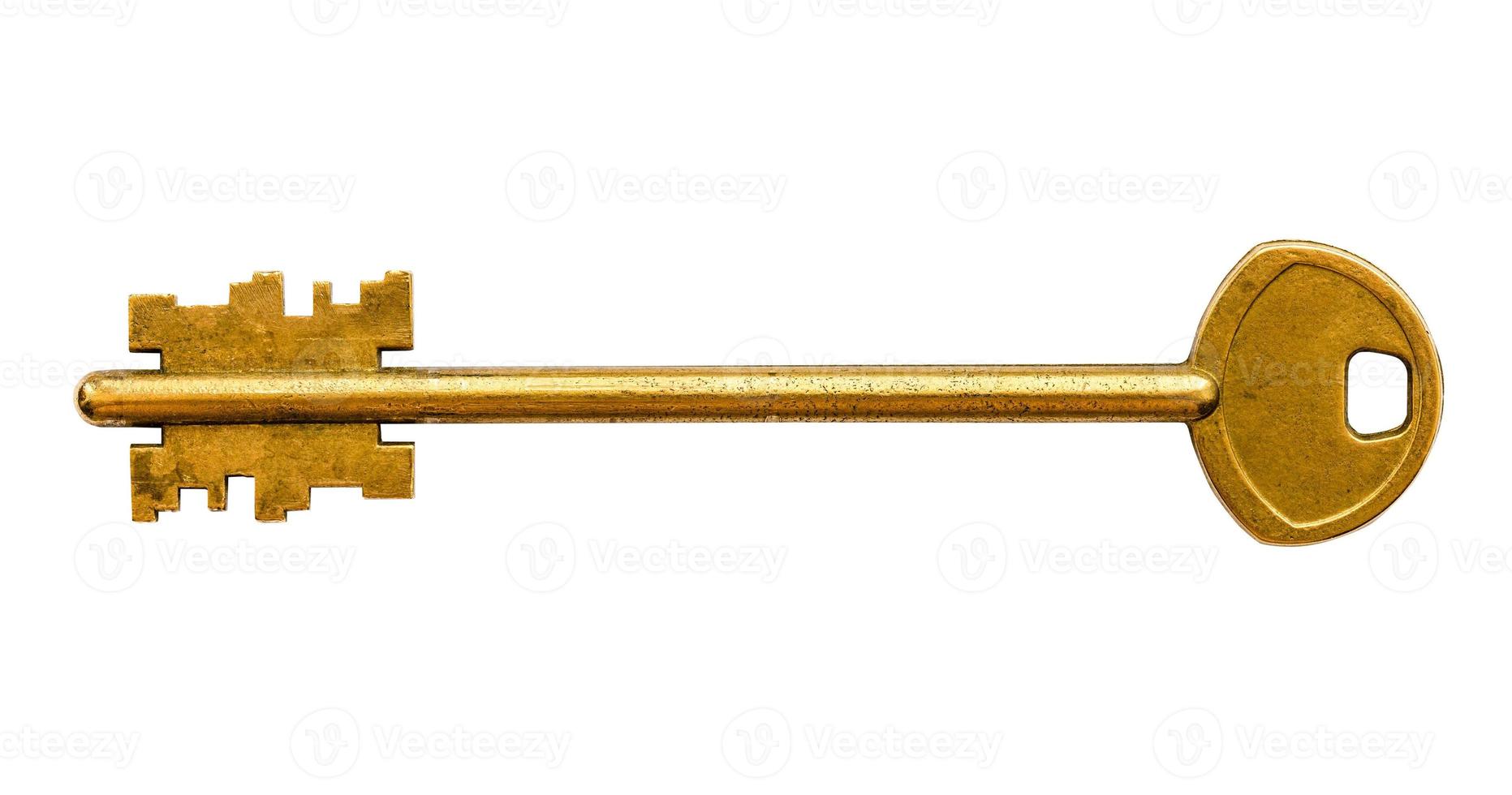 old golden double-sided door key isolated on white photo