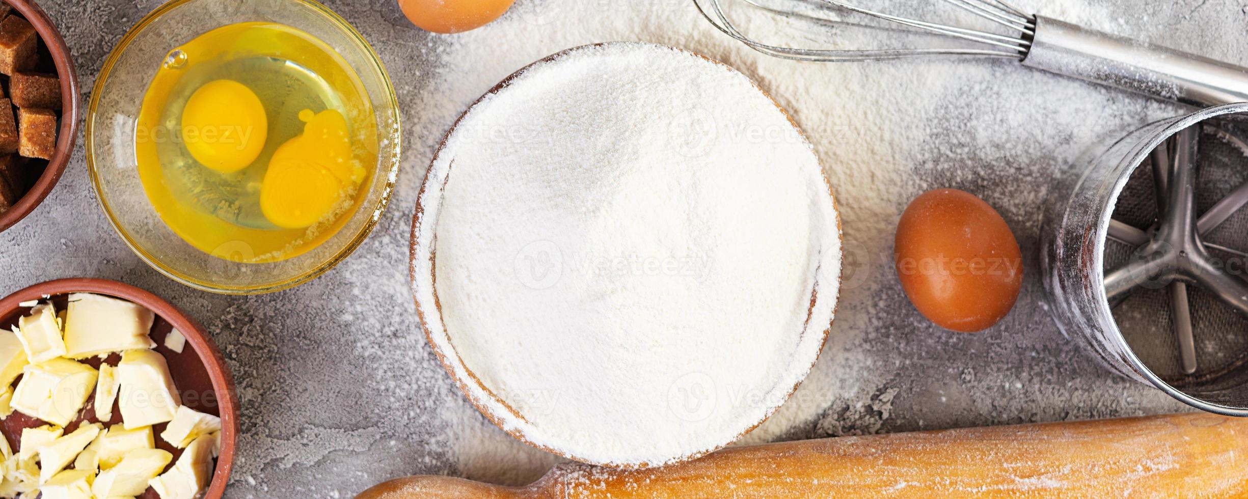 Flour and ingredients for making dough. Ingredients for baking pizza, bread, bakery photo