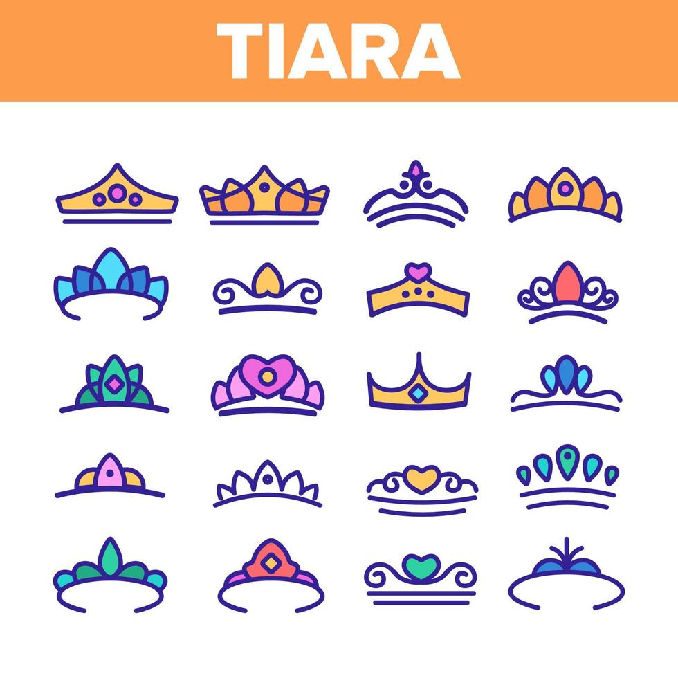 Tiara, Royal Accessory Vector Thin Line Icons Set