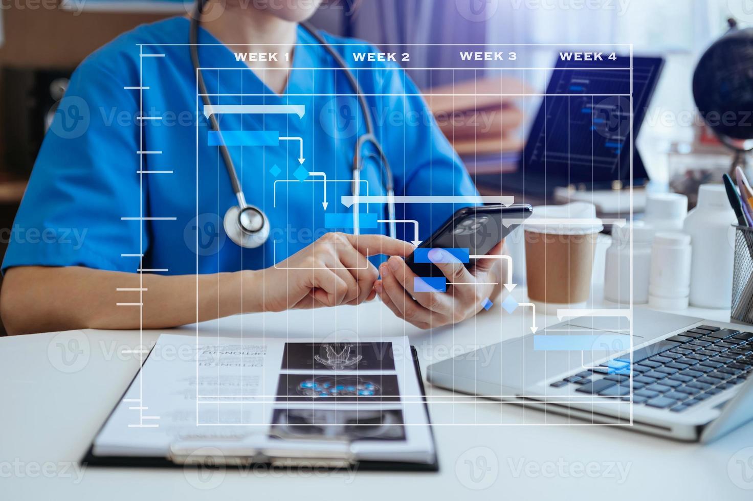 Project manager working and update tasks with Gantt chart scheduling diagram.success smart medical doctor working with success smart medical photo