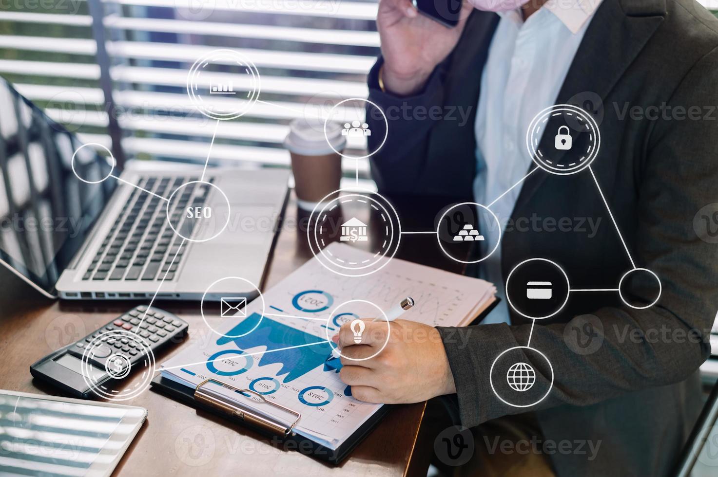 Working Process in Modern Office. Young Woman Account Manager Working at Wood Table with New Business Project. Typing keyboard,Using Contemporary Laptop. photo