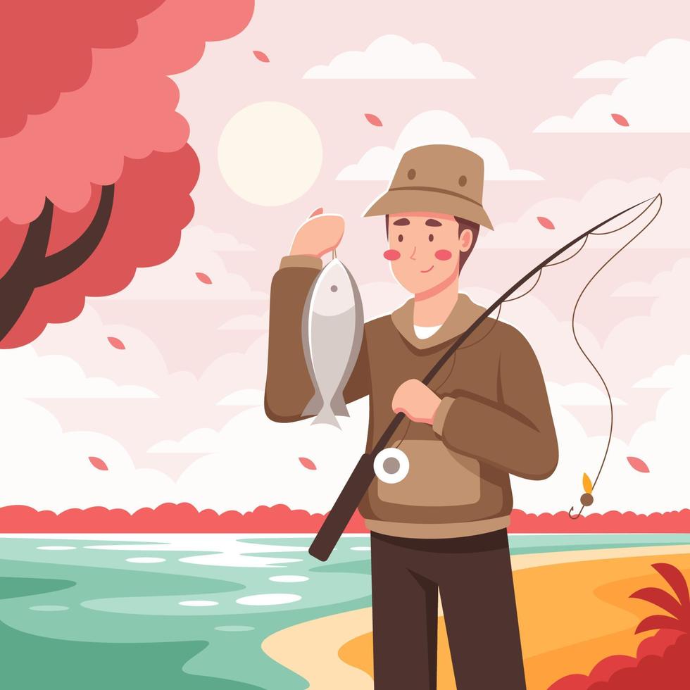 A Fisherman Catch Fishes in Fall Season vector