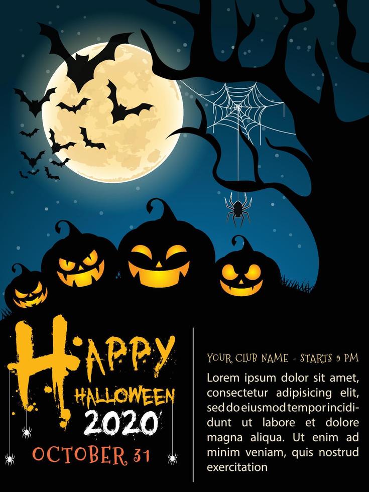 Halloween vertical background with pumpkin, haunted house and full moon. Flyer or invitation template for Halloween party. Vector illustration.