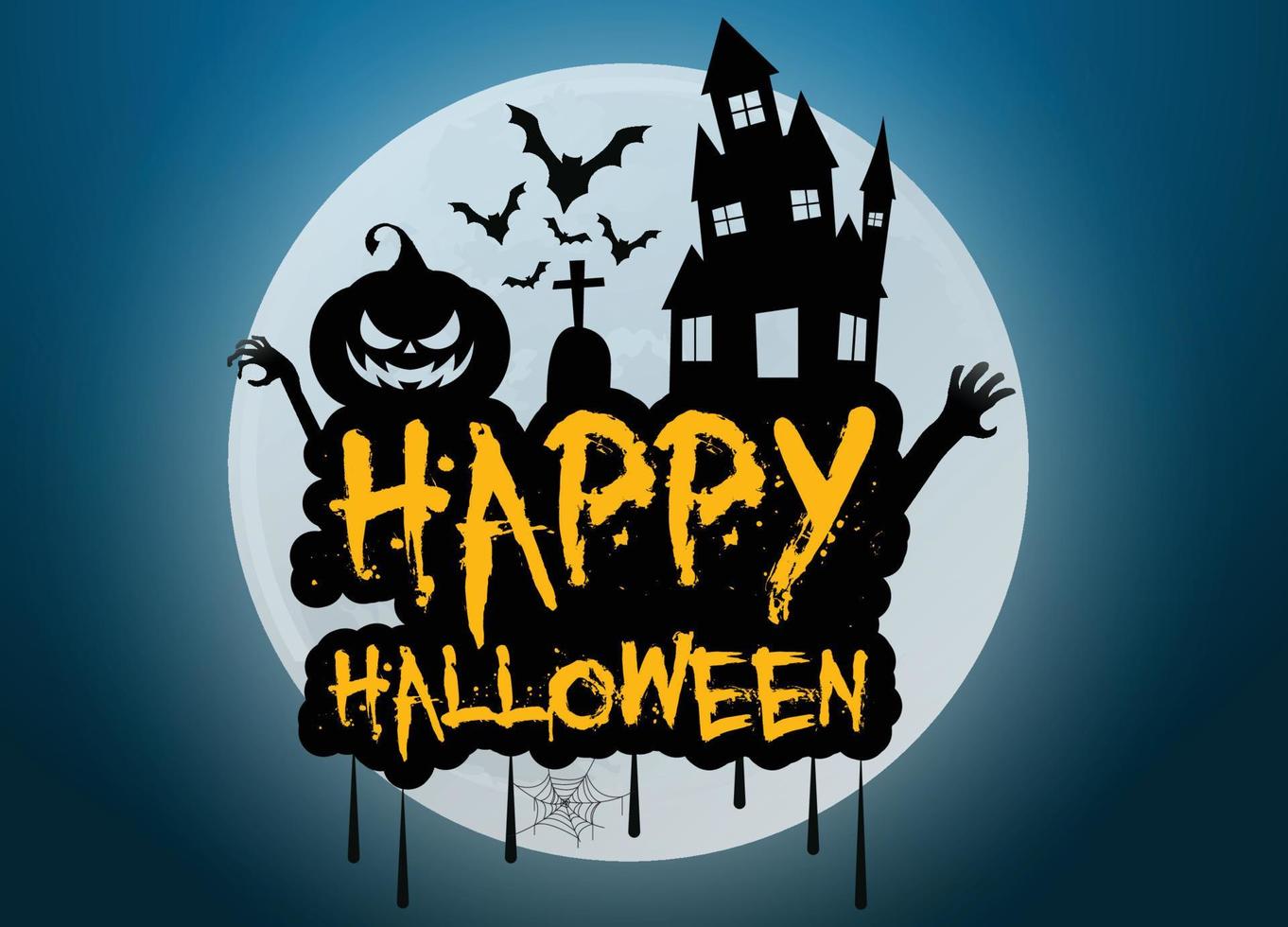 plantilla de vector de saludo de halloween 2020, letras de feliz halloween con elemento de calabaza y castillo aislado sobre fondo blanco