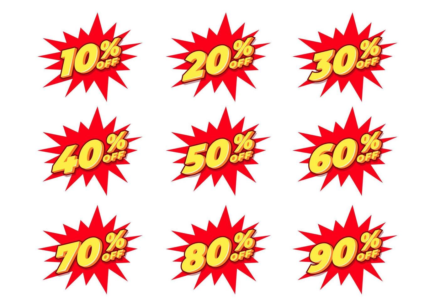 Sale and discount labels. Price off tag icon flat design collection set. 10, 20, 30, 40, 50, 60, 70, 80, 90 percent sale. Vector illustration.