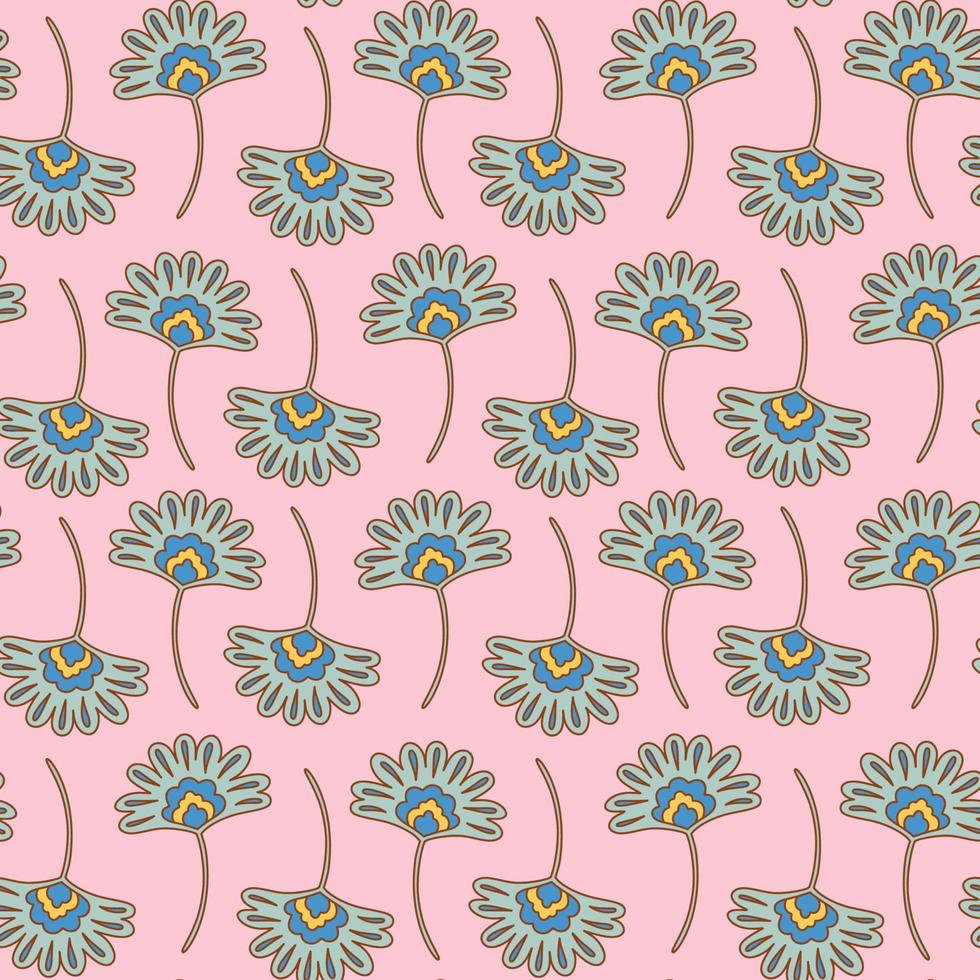 Groovy retro boho flower seamless pattern, vintage 70s digital paper. Hand drawn flower pink background for fabric, textile, stationery, wallpaper vector