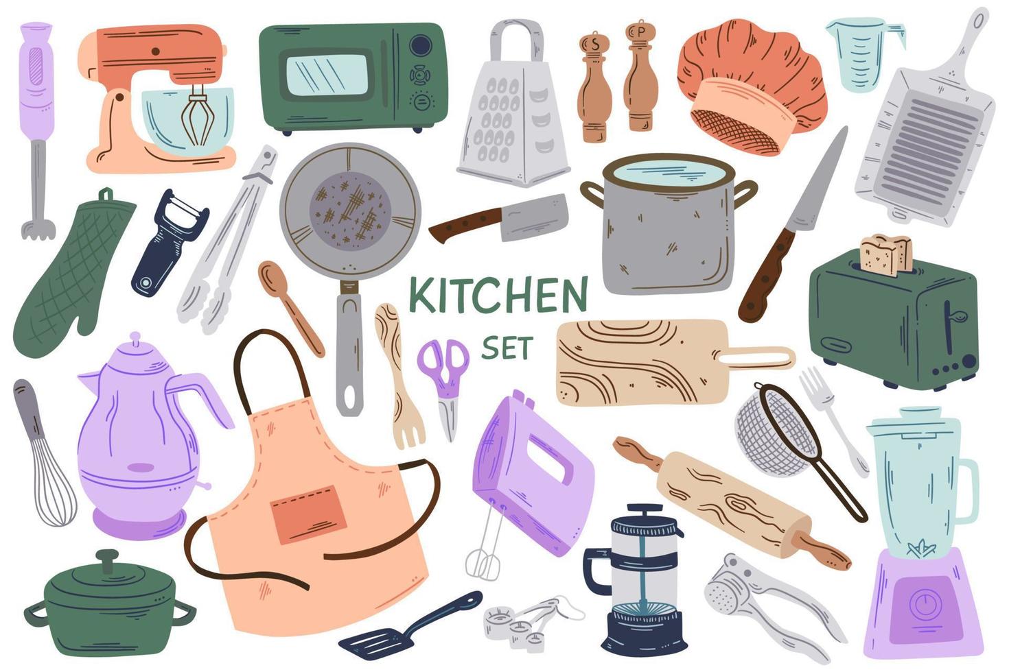 ilustración vectorial dibujada a mano herramientas de cocina conjunto grande aislado sobre fondo blanco. ilustraciones vectoriales planas de la colección de objetos y accesorios de utensilios de cocina vector