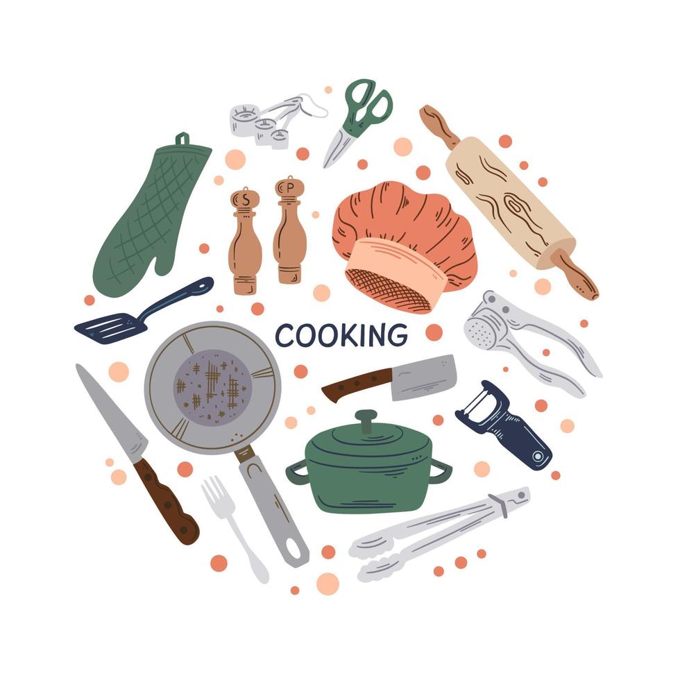 Hand drawn vector cooking and kitchen elements in round composition. Kitchenware and food in circle