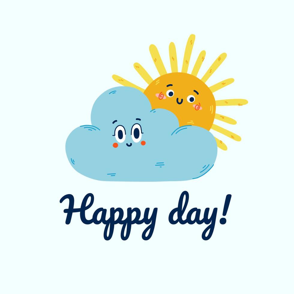 lindo sol escondido detrás de la nube con una sonrisa feliz. lindos personajes de bebé aislados en fondo blanco. ilustración vectorial de color infantil en estilo de dibujos animados plana vector