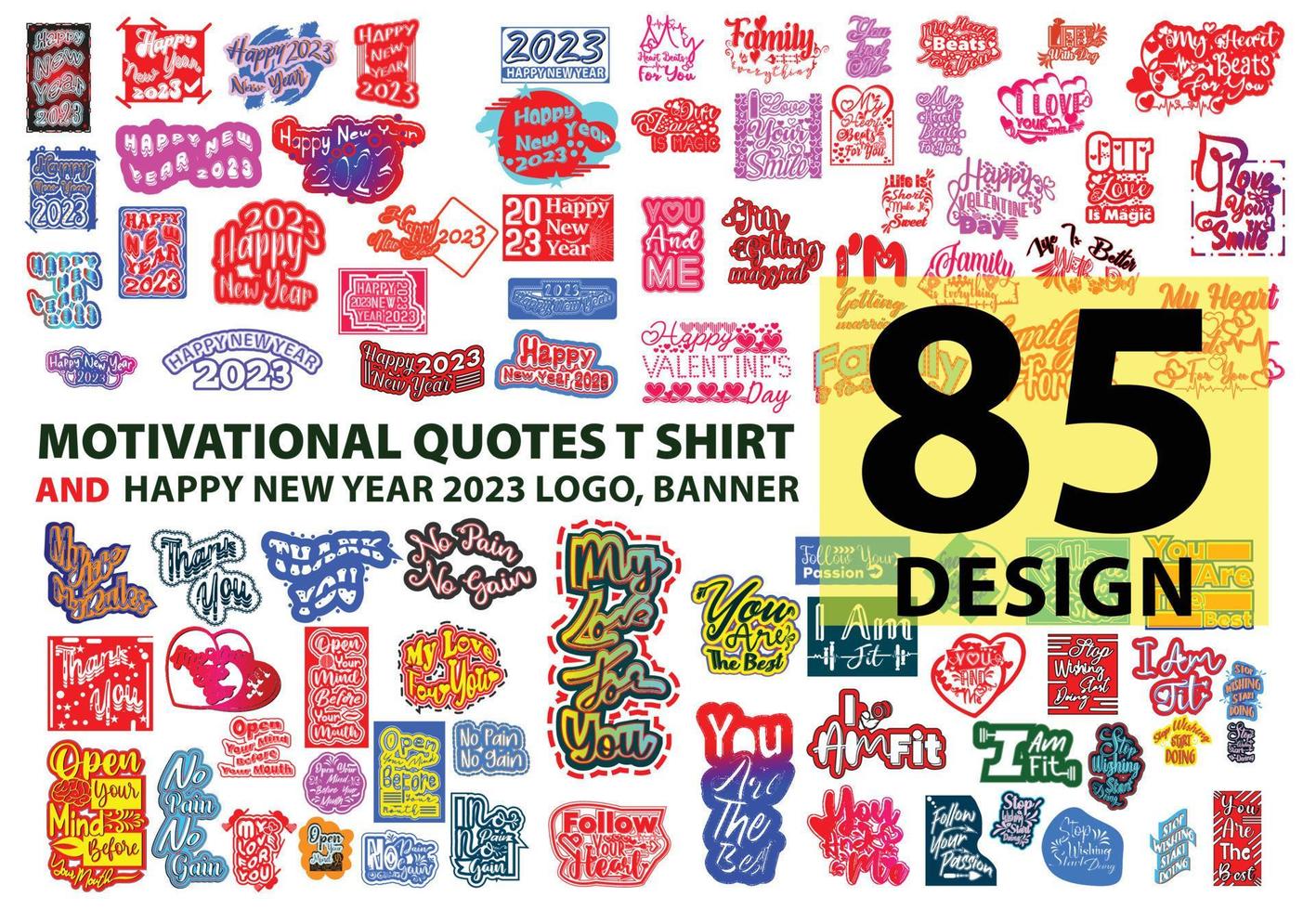 Motivational quotes and happy new year 2023 t shirt, sticker, logo design template bundle vector