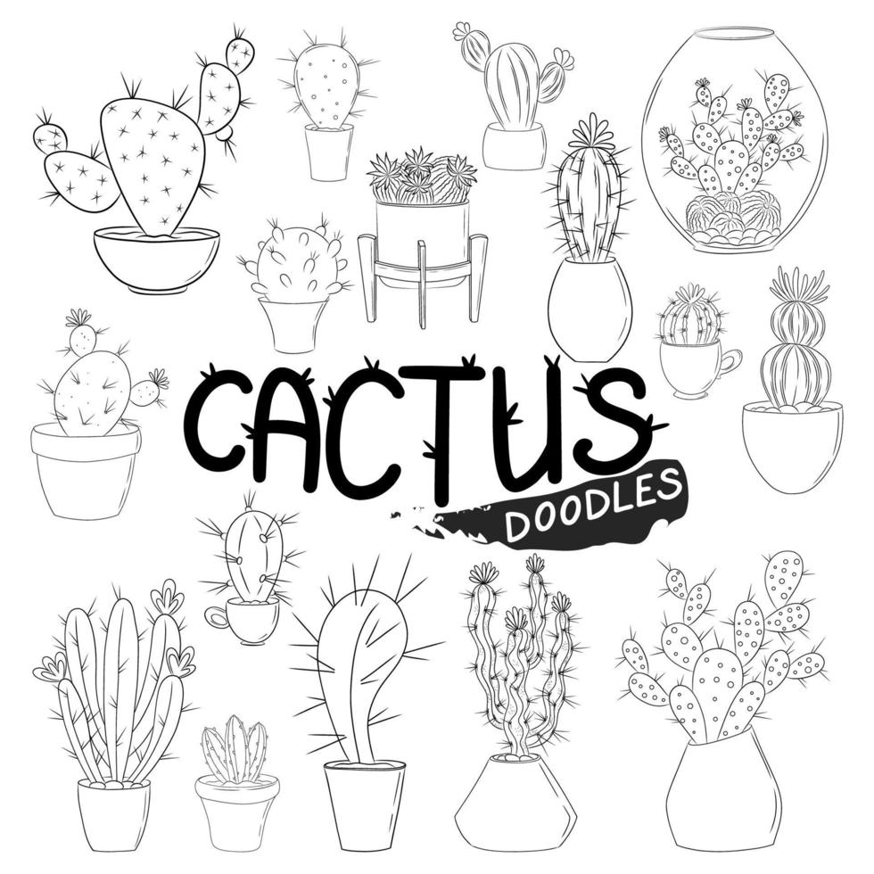 Cactus doodle set. Isolated on white background. vector