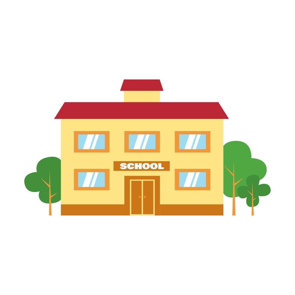 A school with green trees. Icon. Flat vector illustration, isolated on white background.