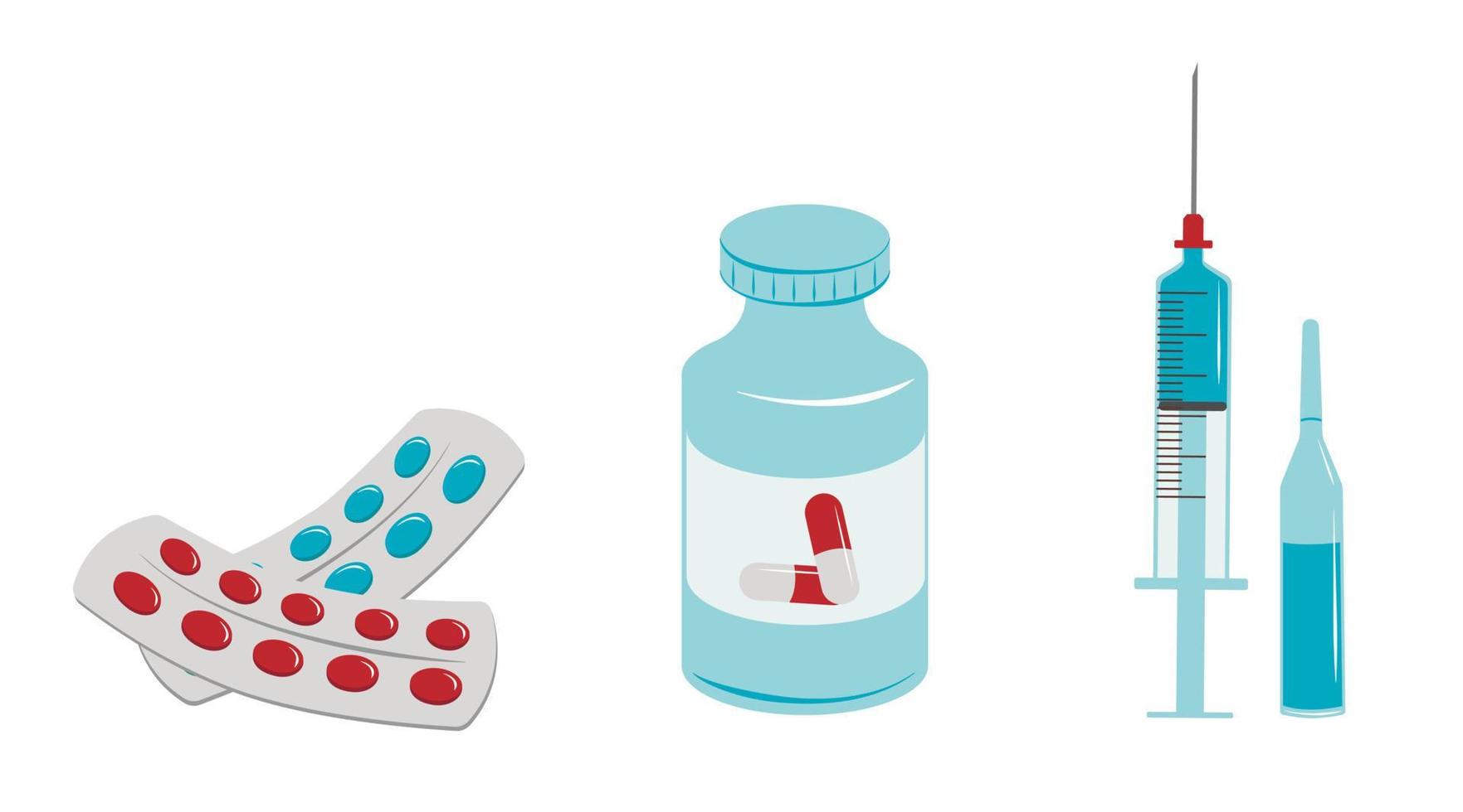 Different forms and dosages of drugs. Tablet, capsule, ampule, vial, syringe.  Vector illustration.