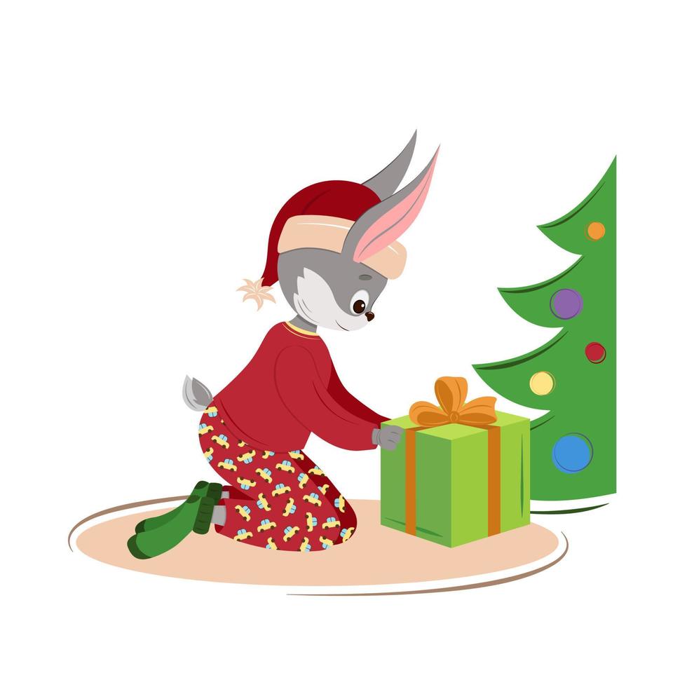 New Year's Hare near the Christmas tree. The Christmas bunny received a gift. For cards, flyers, calendars, posters, banners, t-shirts. vector