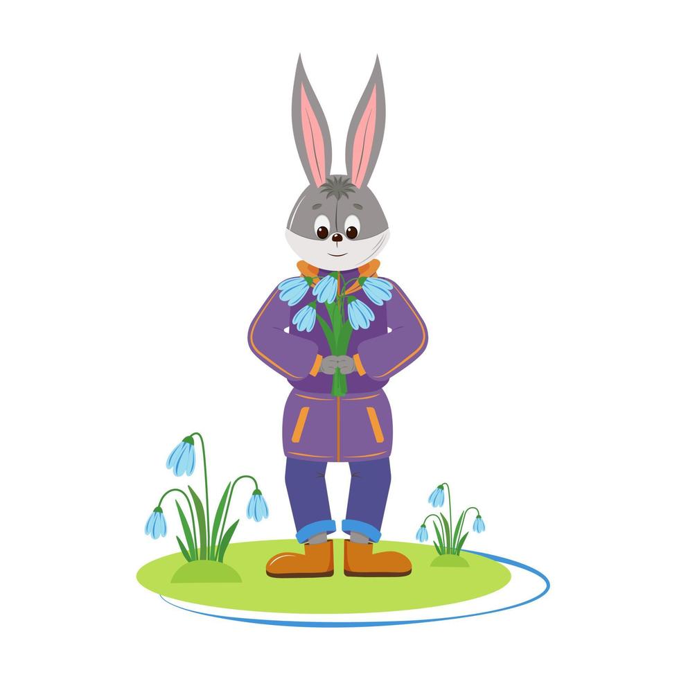 Cute spring hare with snowdrops. Rabbit on the lawn. For calendars, flyers, poster, banner, footer, sticker. vector