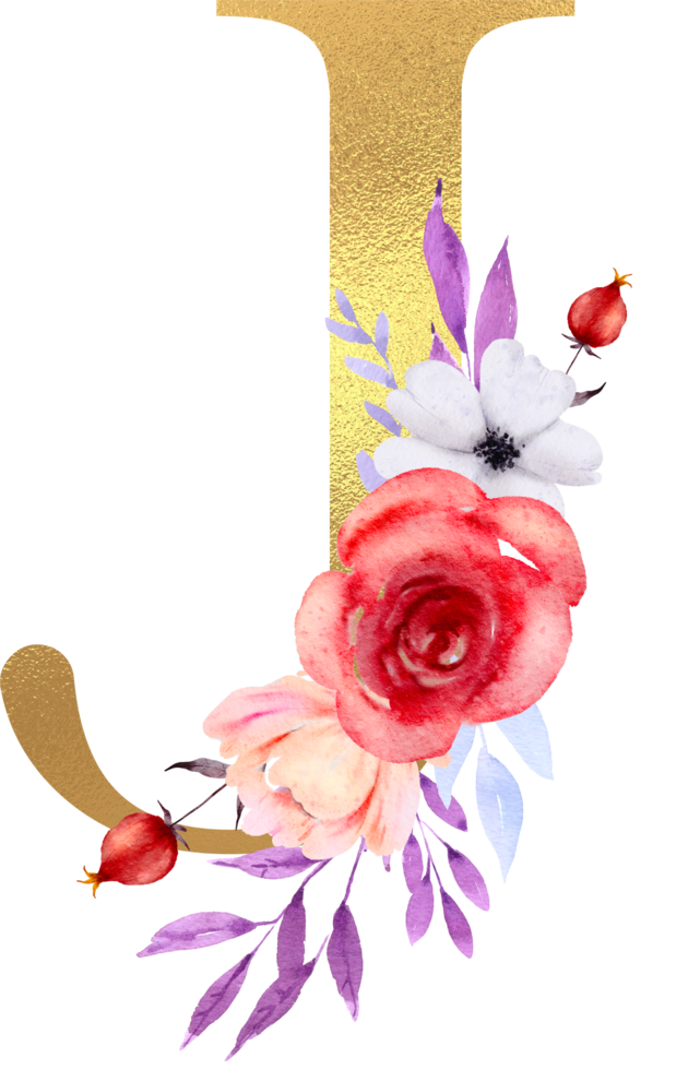 flores de acuarela con alfabeto dorado png