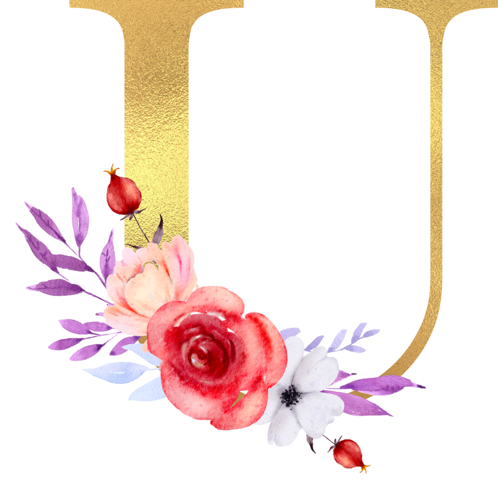 Watercolor Flowers with Gold Alphabet png