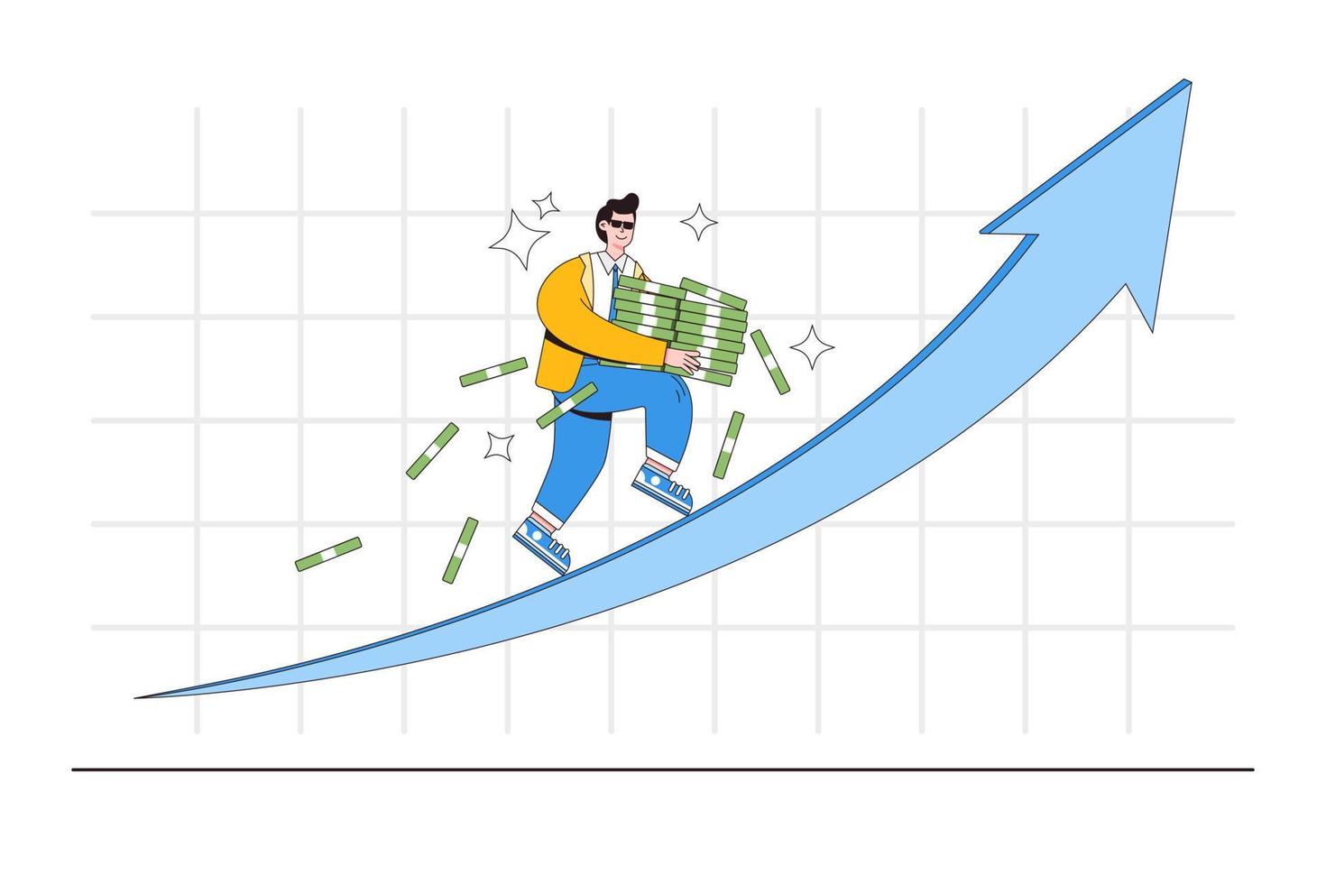 crecimiento de las ganancias de inversión, crecimiento del mercado de valores, obtener más ingresos, aumentar la riqueza o las finanzas, aumentar los ingresos, los conceptos de inflación. el administrador de fondos tiene un montón de dinero y corre hacia arriba en la flecha del gráfico ascendente vector