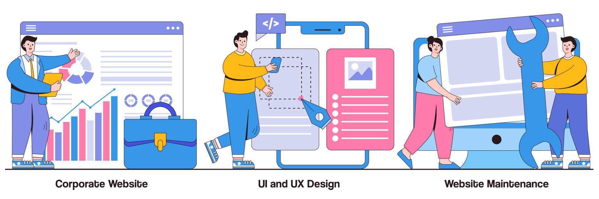 Corporate website, UI and UX design, website maintenance concept with people character. Web development vector illustration set. Graphic design service, mobile app, user interface, support metaphor